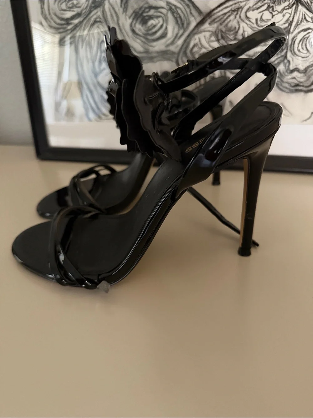 Express Women’s Black Patent Floral Ankle-Strap Sandals